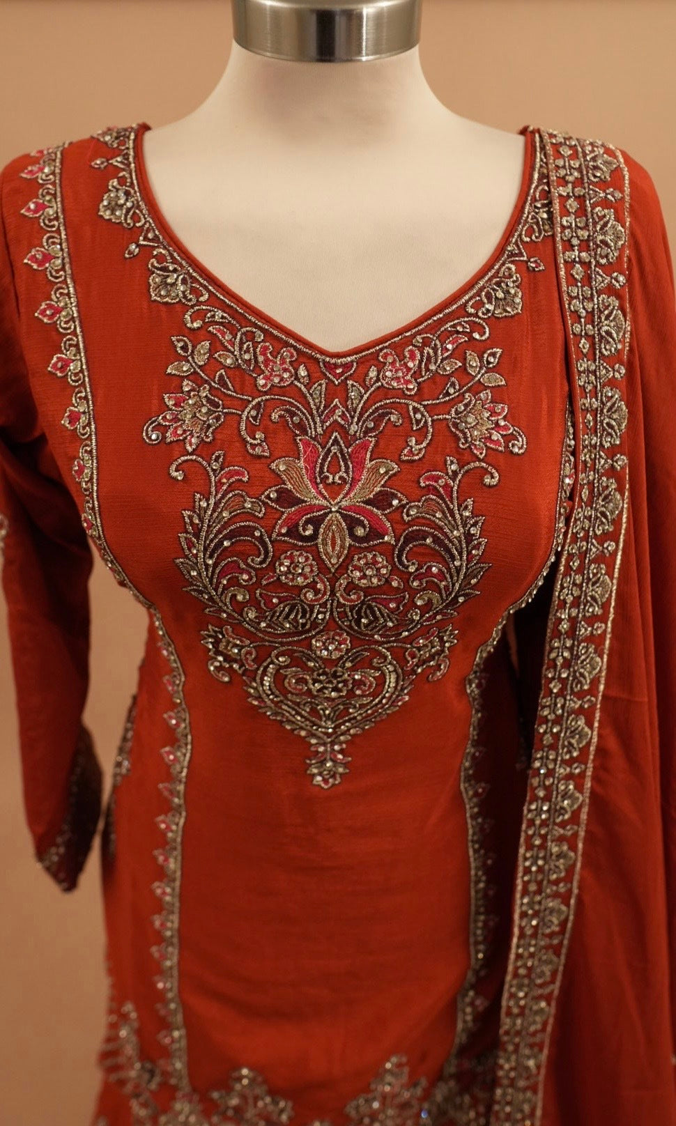 Heavy Stone Work Embroiderey Chinon Fabric Orange Color Palazzo Suit With Dupatta