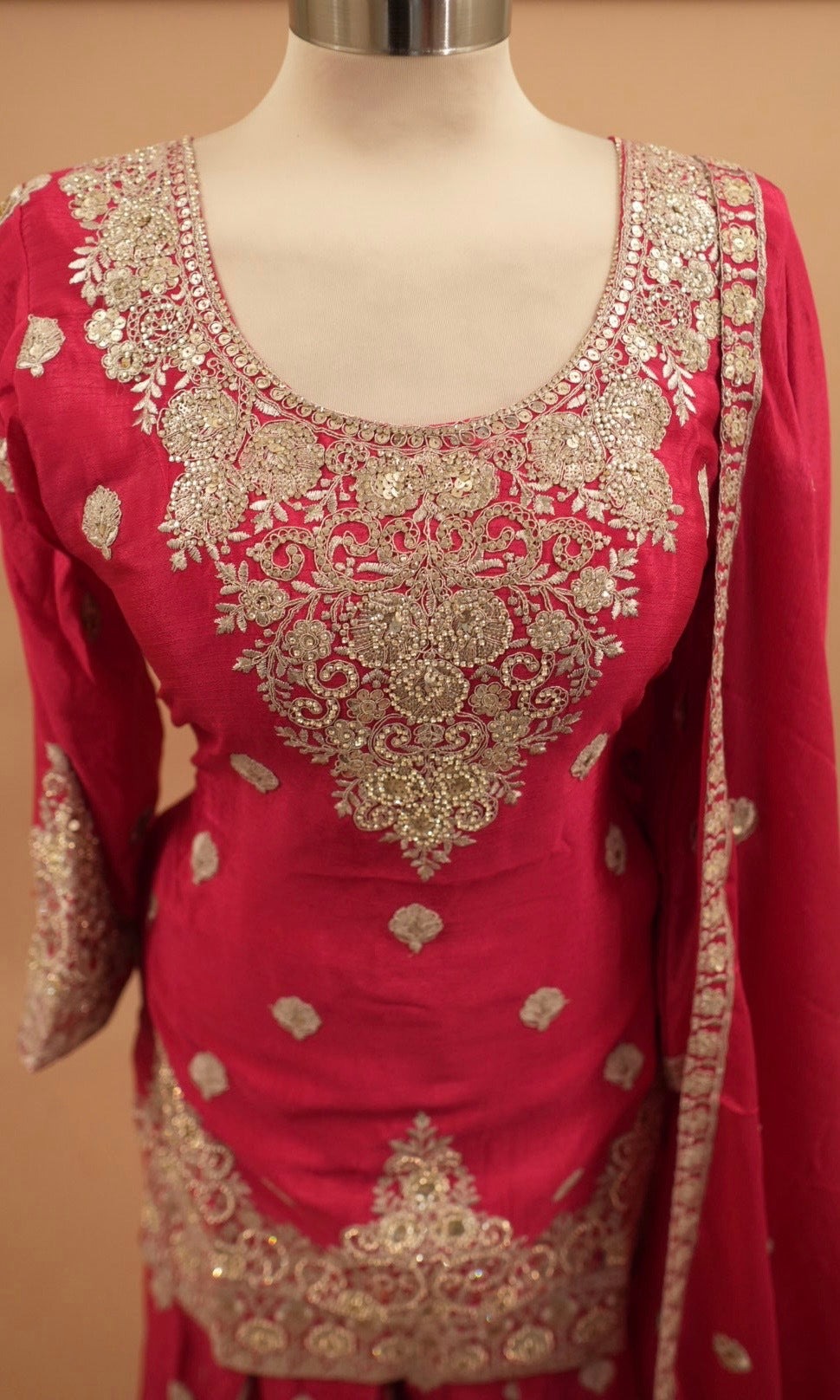 Chinon Fabric Pinkish Red Color Party Wear Palazzo Suit With Dupatta