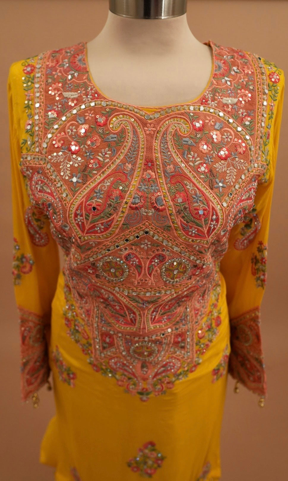 Kashmiri Style Hand Work Embroiderey Yellow Color Designer Palazzo Suit With Dupatta