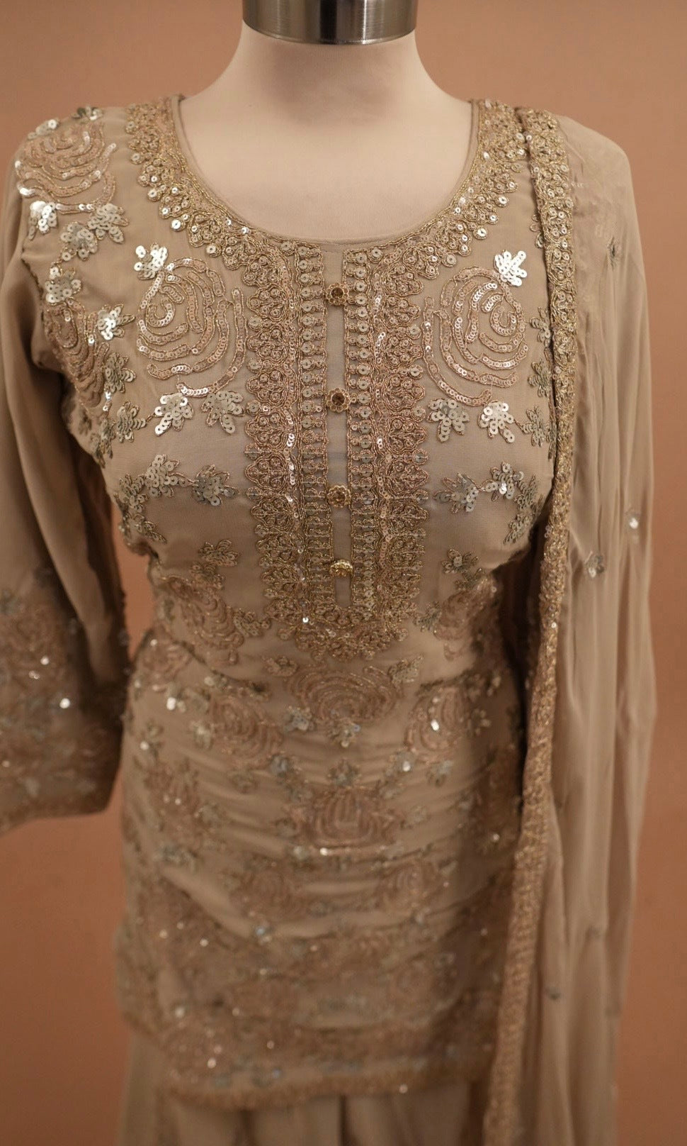 Light Champagne Color Sequin Work Embroiderey Palazzo Suit
