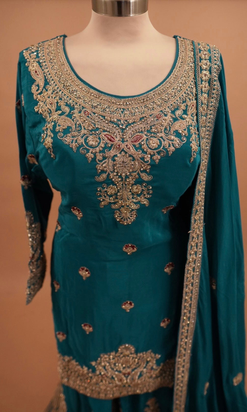Turquoise Blue Color Heavy Stone Work Embroiderey Party Wear Palazzo Suit