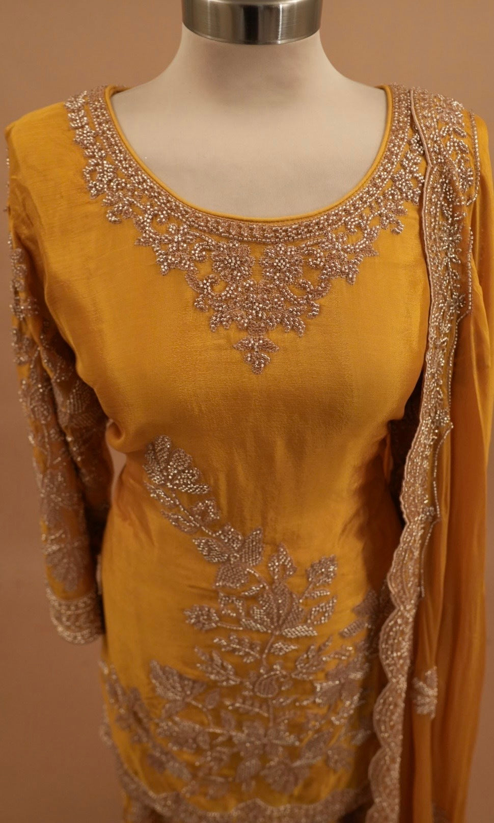Heavy Beads Work Embroiderey Yellow Color Palazzo Suit