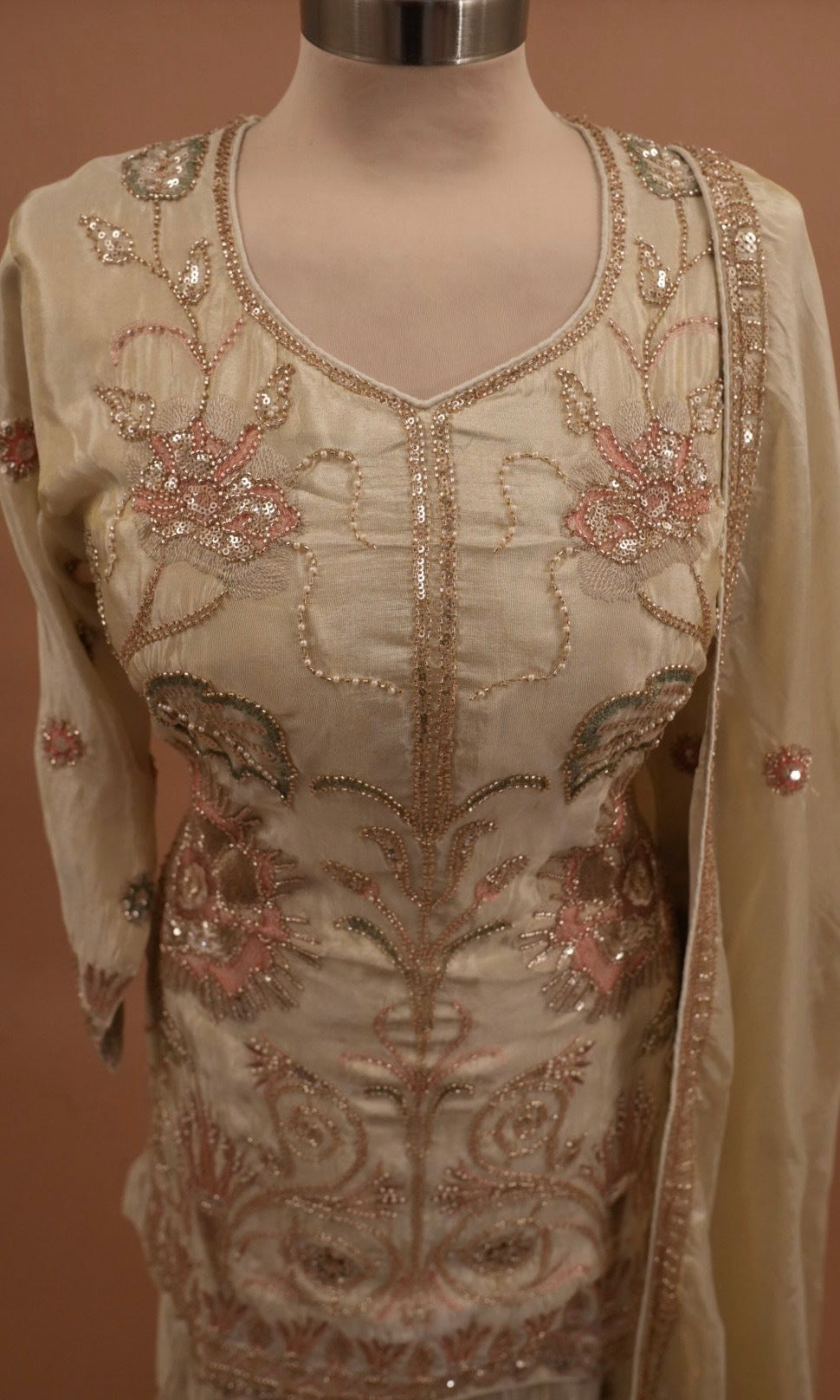 Designer Silk Fabric Hand Work Embroiderey Light Champagne Color Palazzo Suit