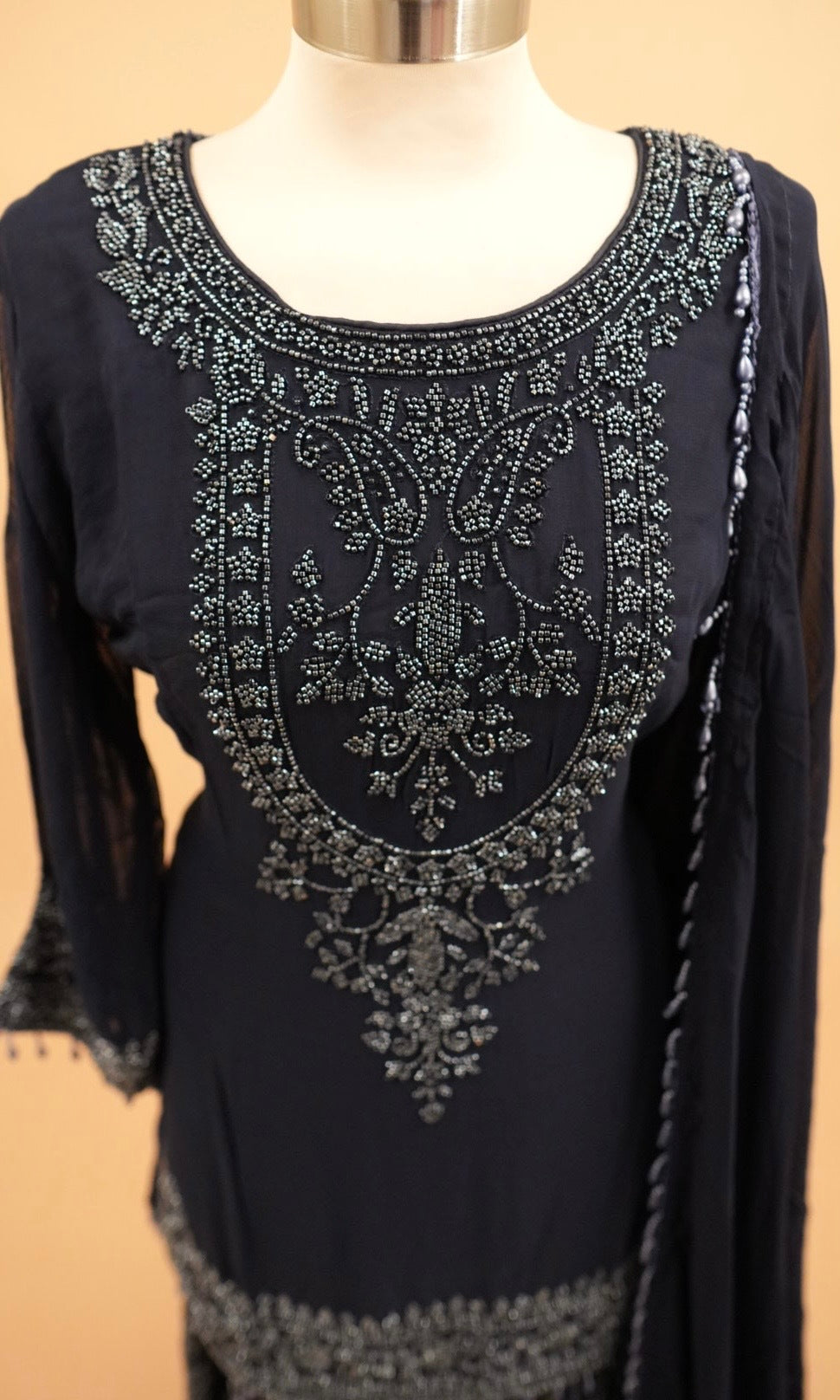 Dark Navy Color Heavy Beads Work Embroiderey Party Wear Palazzo Suit