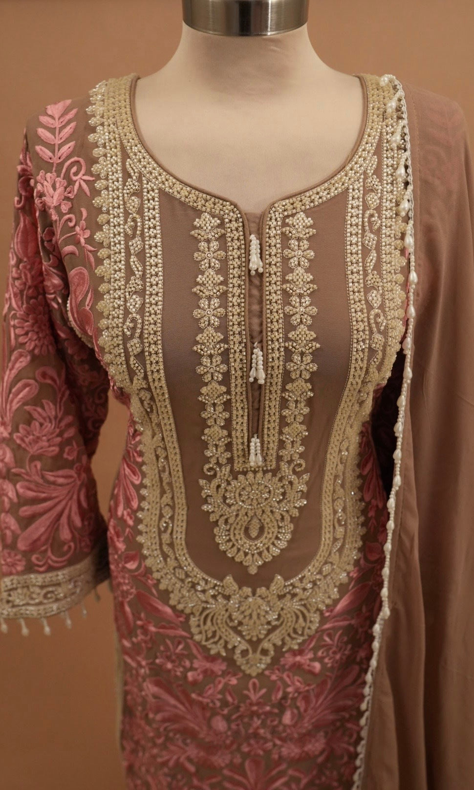 Light Brown Color Contrast Long Kameez Suit With Pants On Bottom