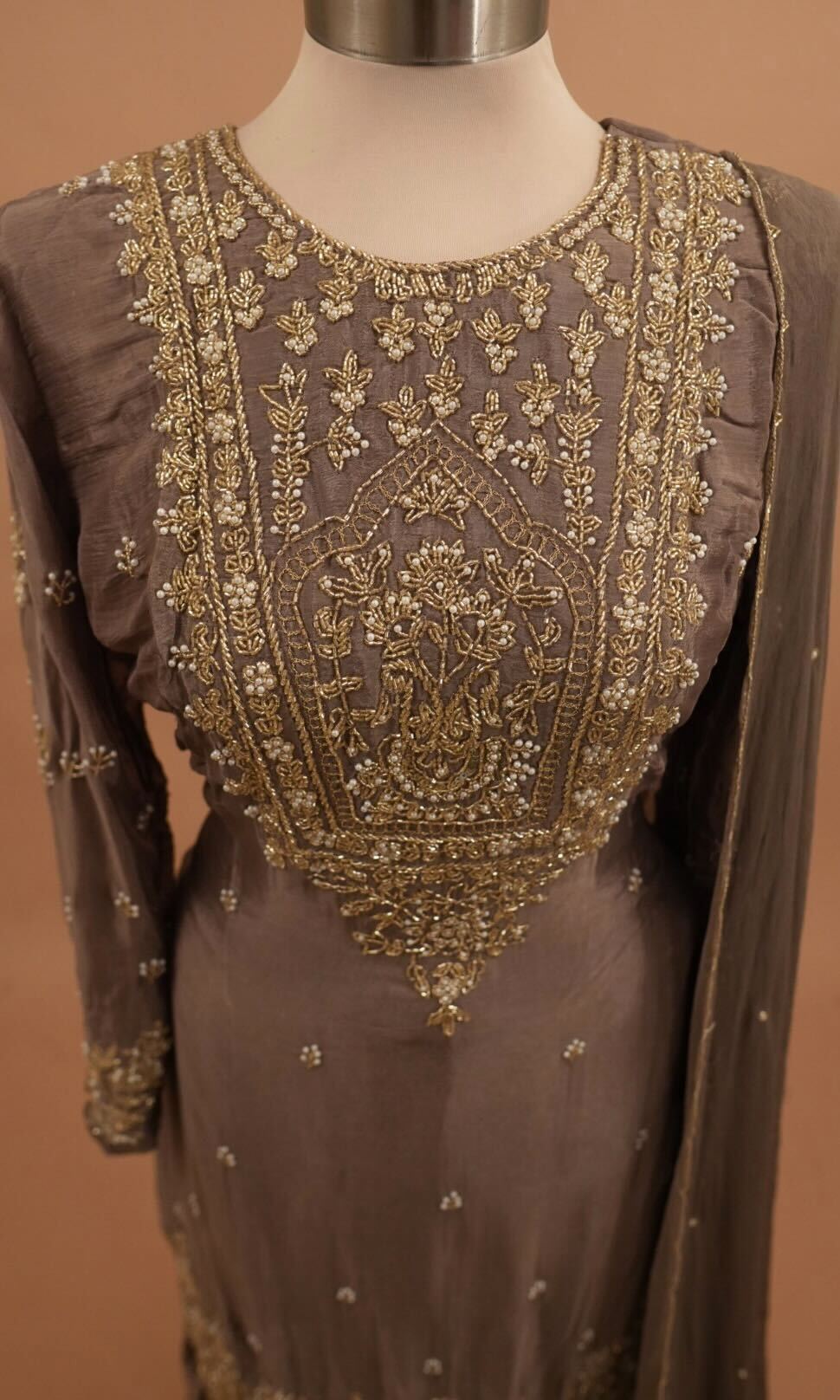 Dasheen Fabric Beads Work Embroiderey Dark Mouse Color Sharara Suit