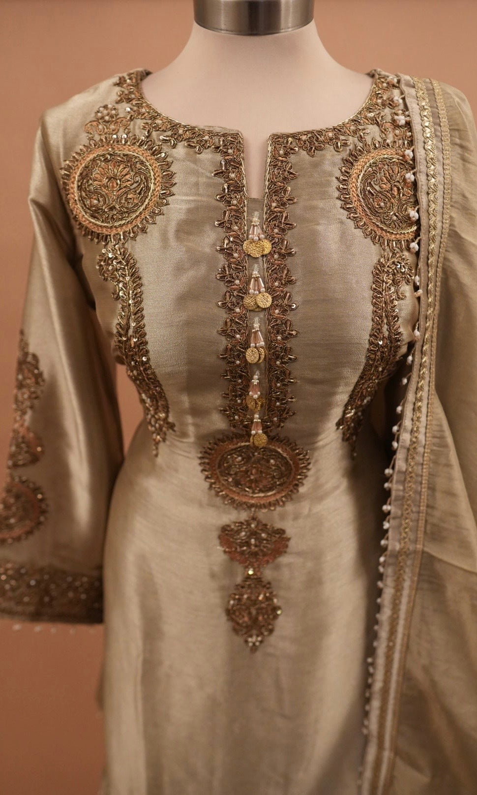 Champagne Color Silk Fabric A Line Farshi Salwar Suit