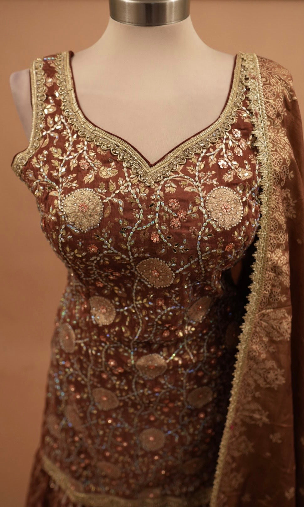 Brown Color Party Wear Sharara Suit With Dupatta