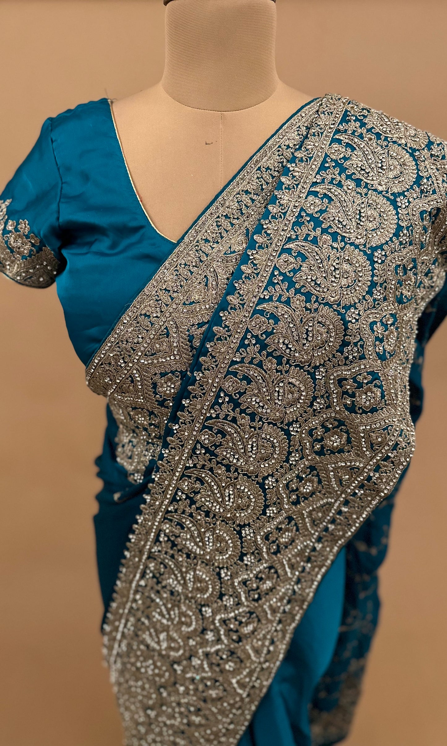 Heavy Ready To Wear Saree In Teal Blue Color On Silk Fabric