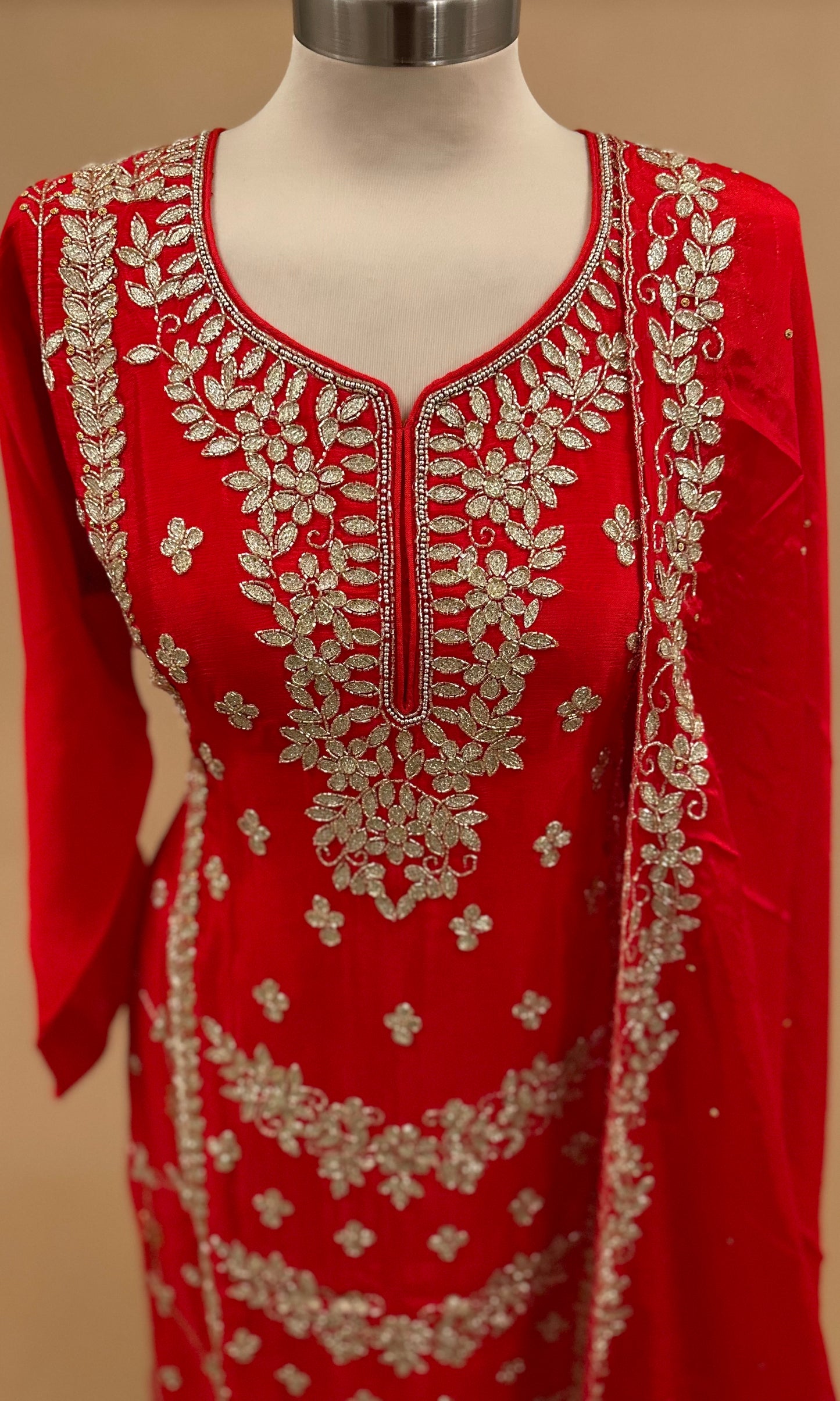 Bright Red Color Heavy Cut Dana Work Party Wear Sharara Suit With Dupatta