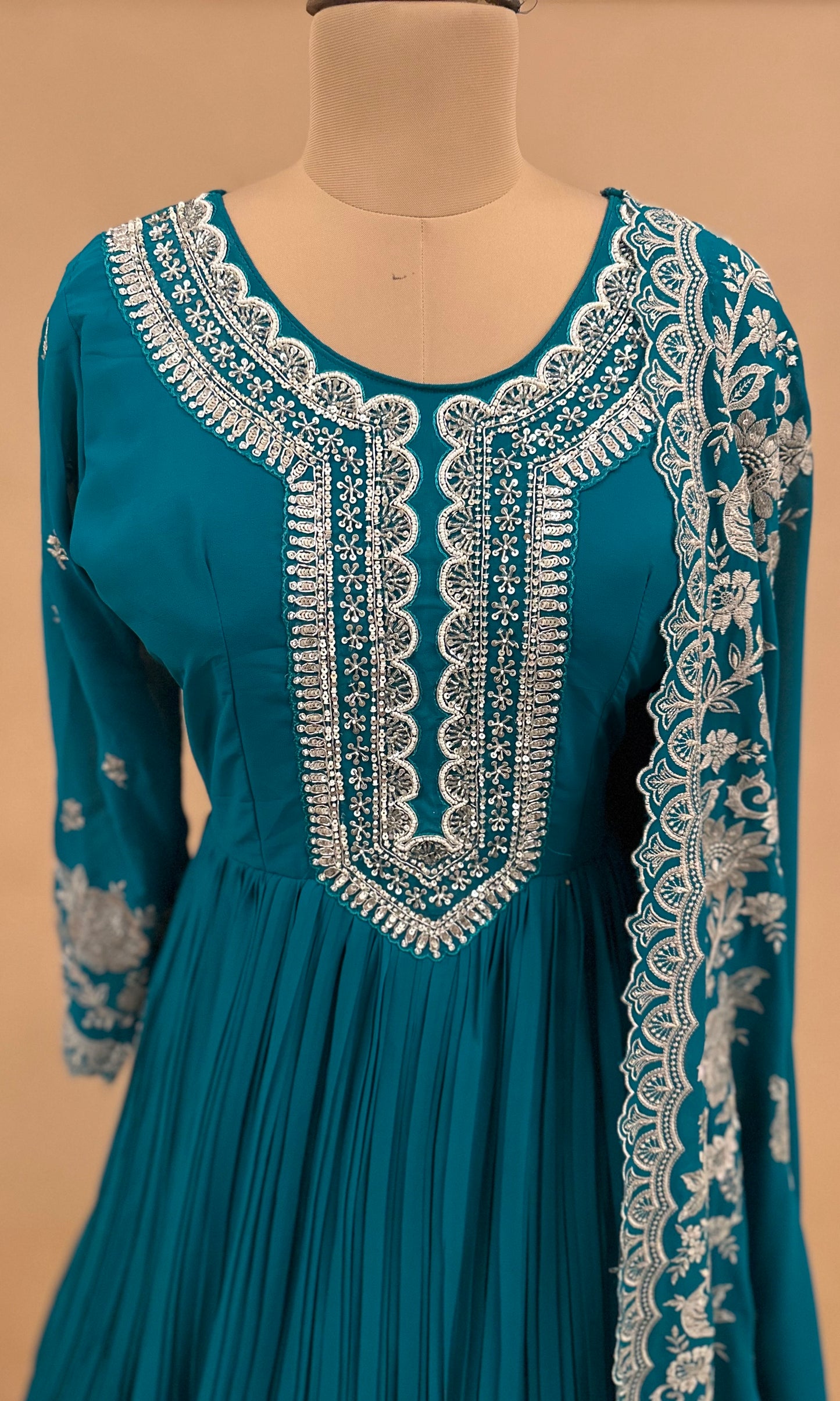 Light Weight Teal Color Stone Work Embroiderey Long Dress With Dupatta