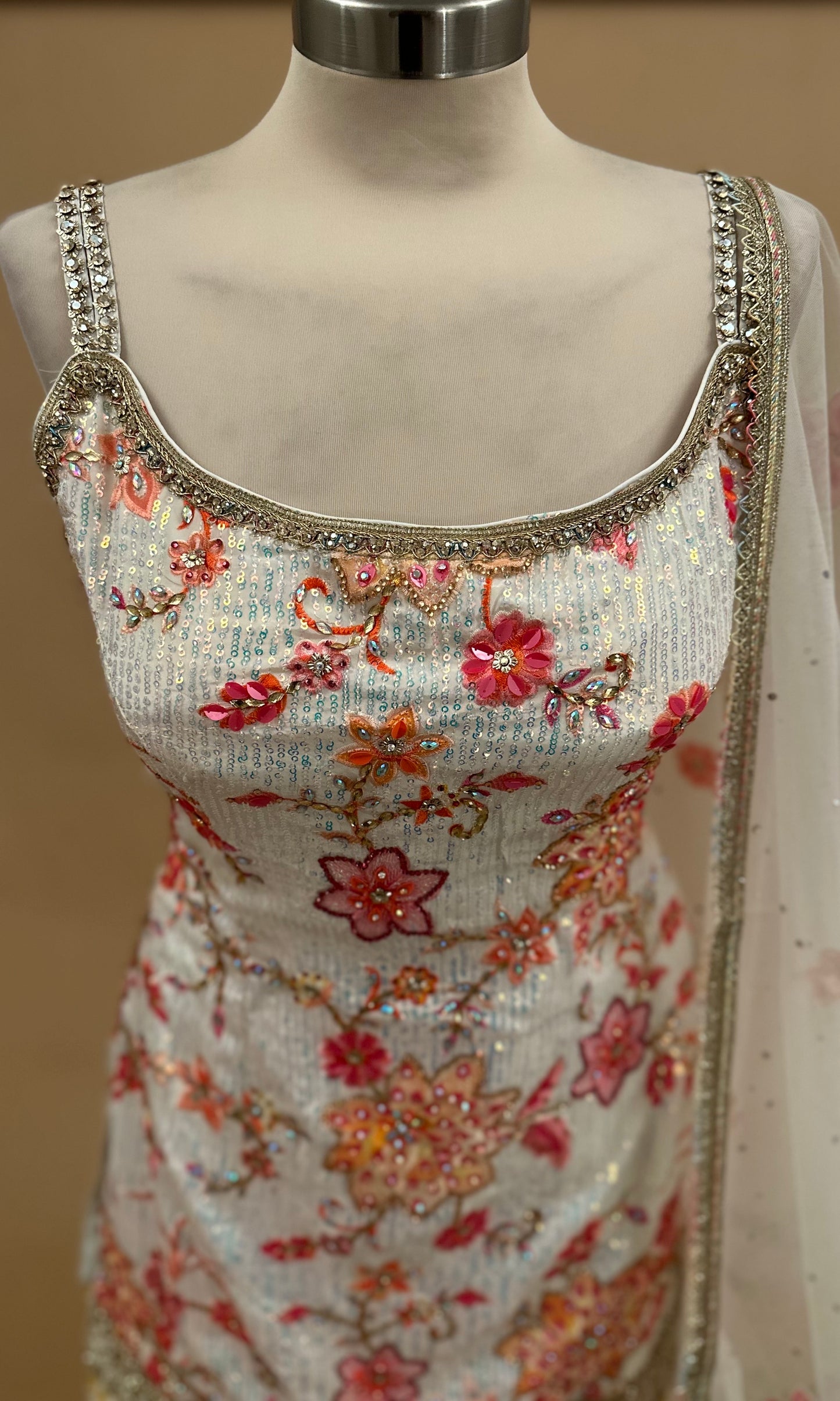 Stone & Pearl WorkHeavy Designer Party Wear Sharara Suit Off White Multicolor With Dupatta