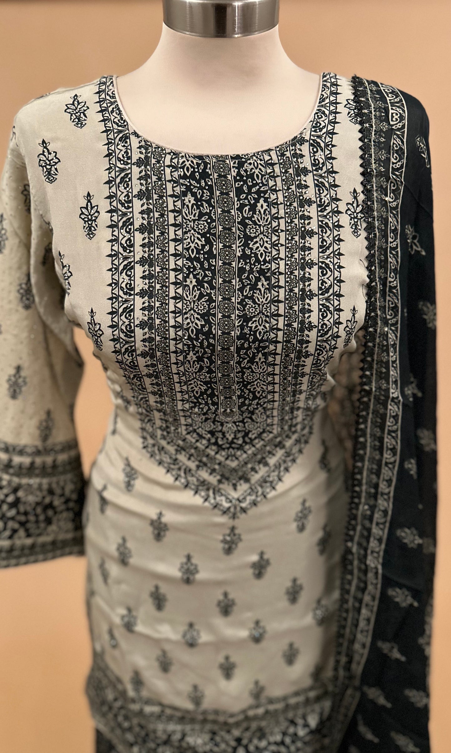 Contrast Color Swarovski Work Embroiderey Palazzo Suit With Dupatta