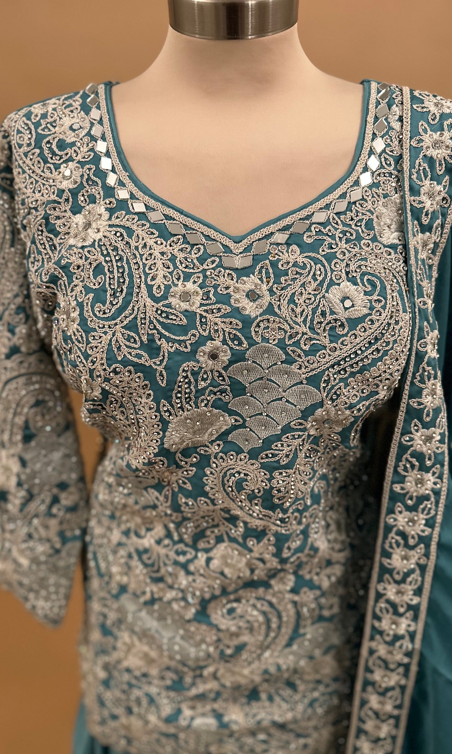 Heavy Stone And Mirror Work Embroiderey Party Wear Blue Color Palazzo Suit With Dupatta