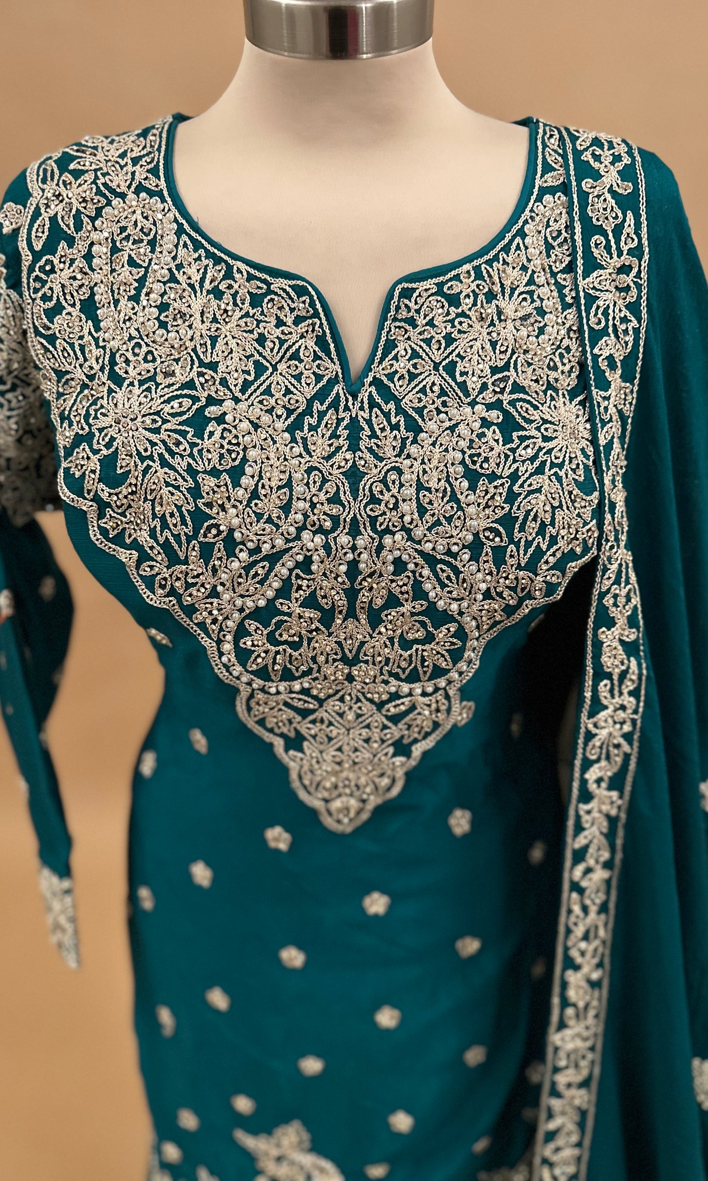 Teal Green Color Pearl And Stone Work Embroiderey Chinon Fabric Palazzo Suit