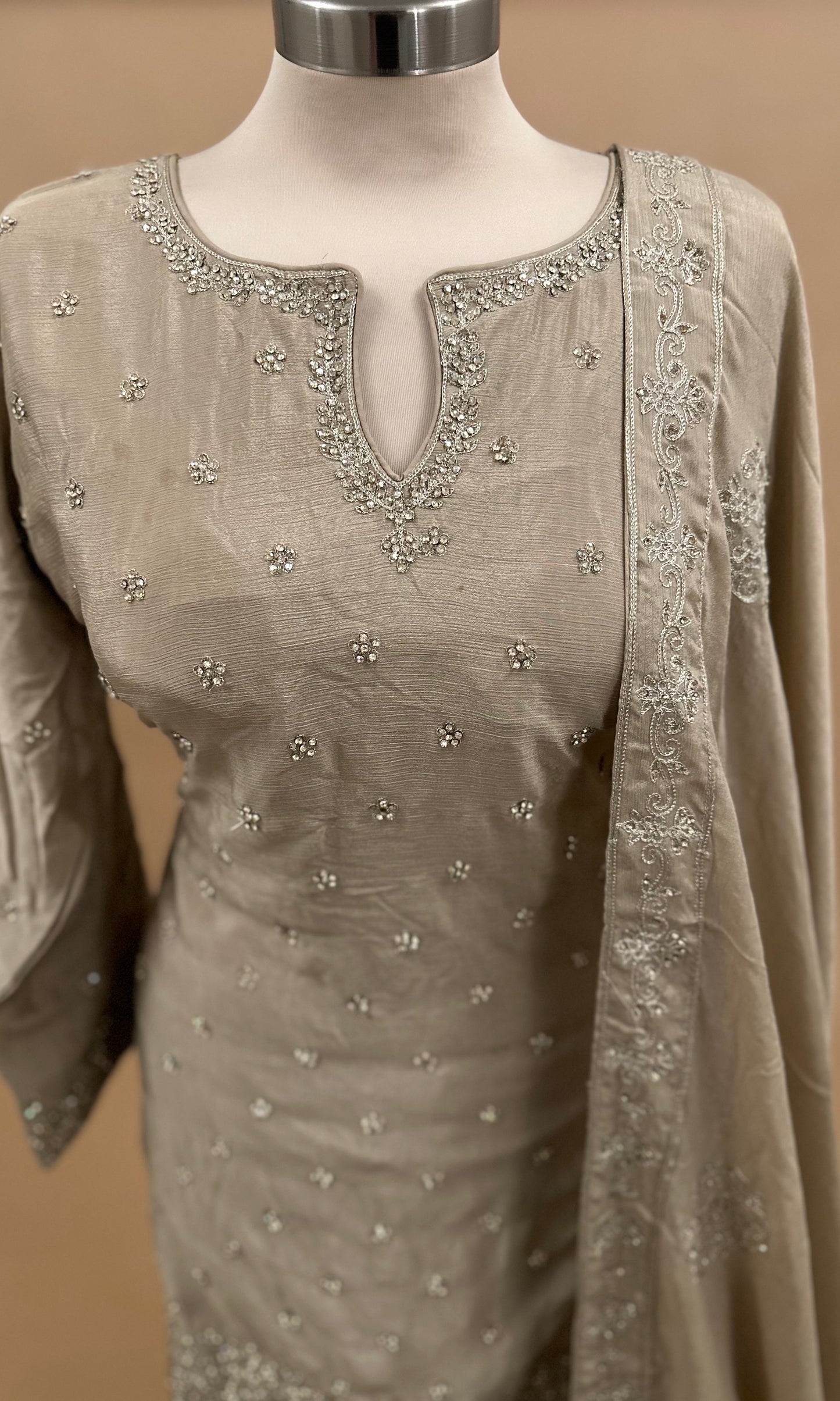 Stone Work Embroidery Light Champagne Color Party Wear Palazzo Suit