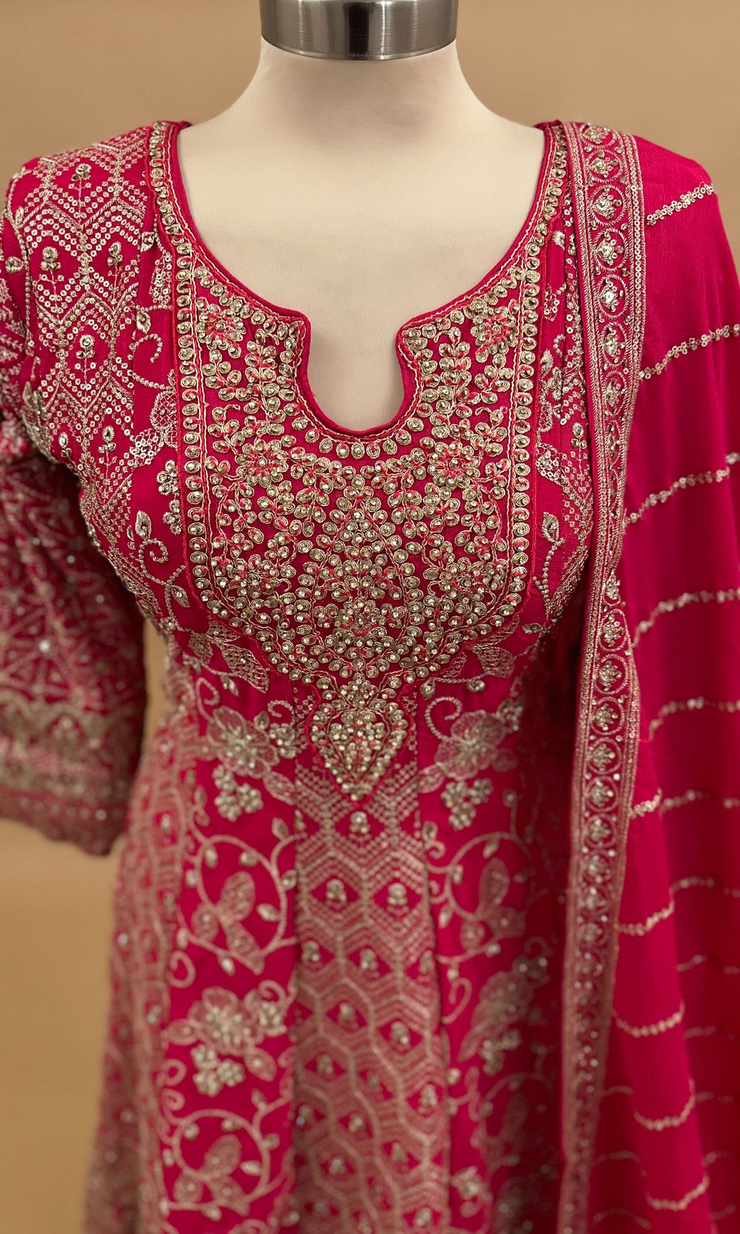 Heavy Stone Work Embroiderey Pinkish Red Color A Line Anarkali Palazzo Suit With Dupatta