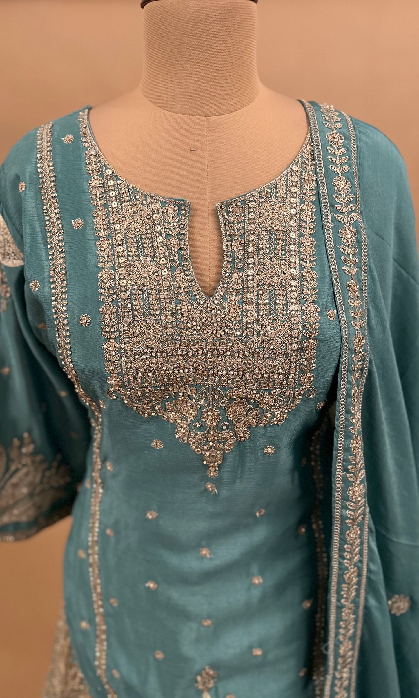 Teal Blue Color On Chinon Fabric Outfit With Skirt On Bottom