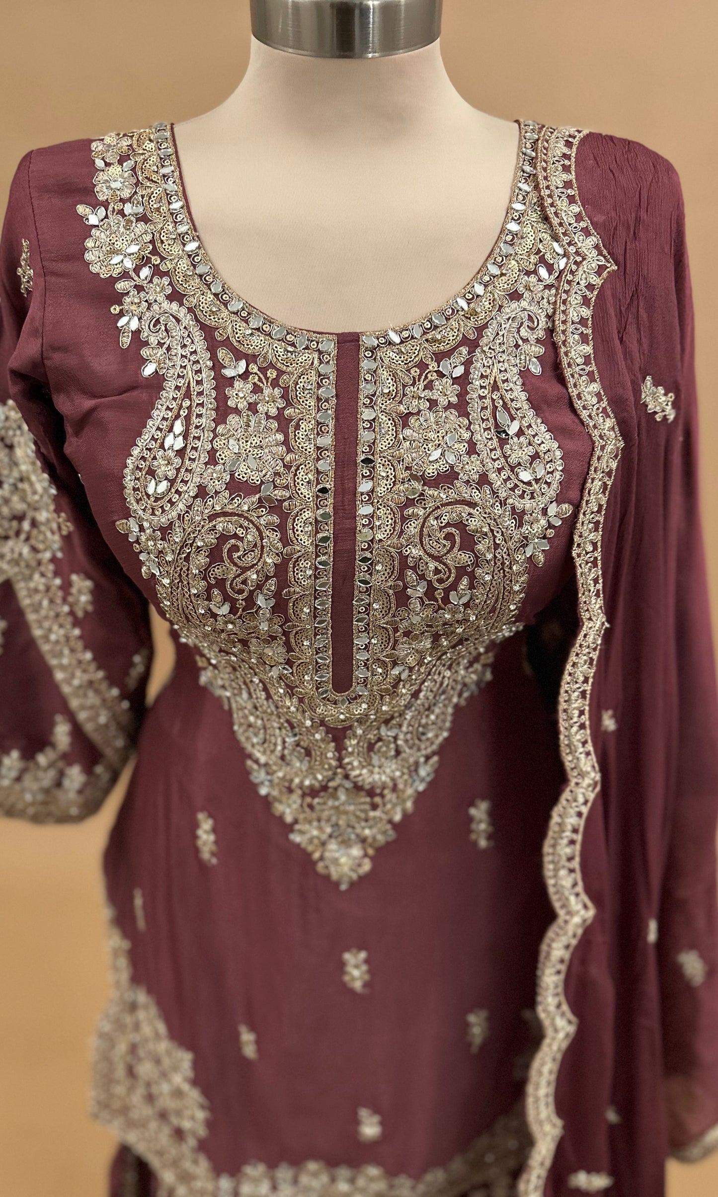 Mirror Work Embroiderey Chinon Fabric Sharara Suit Rust Color With Dupatta