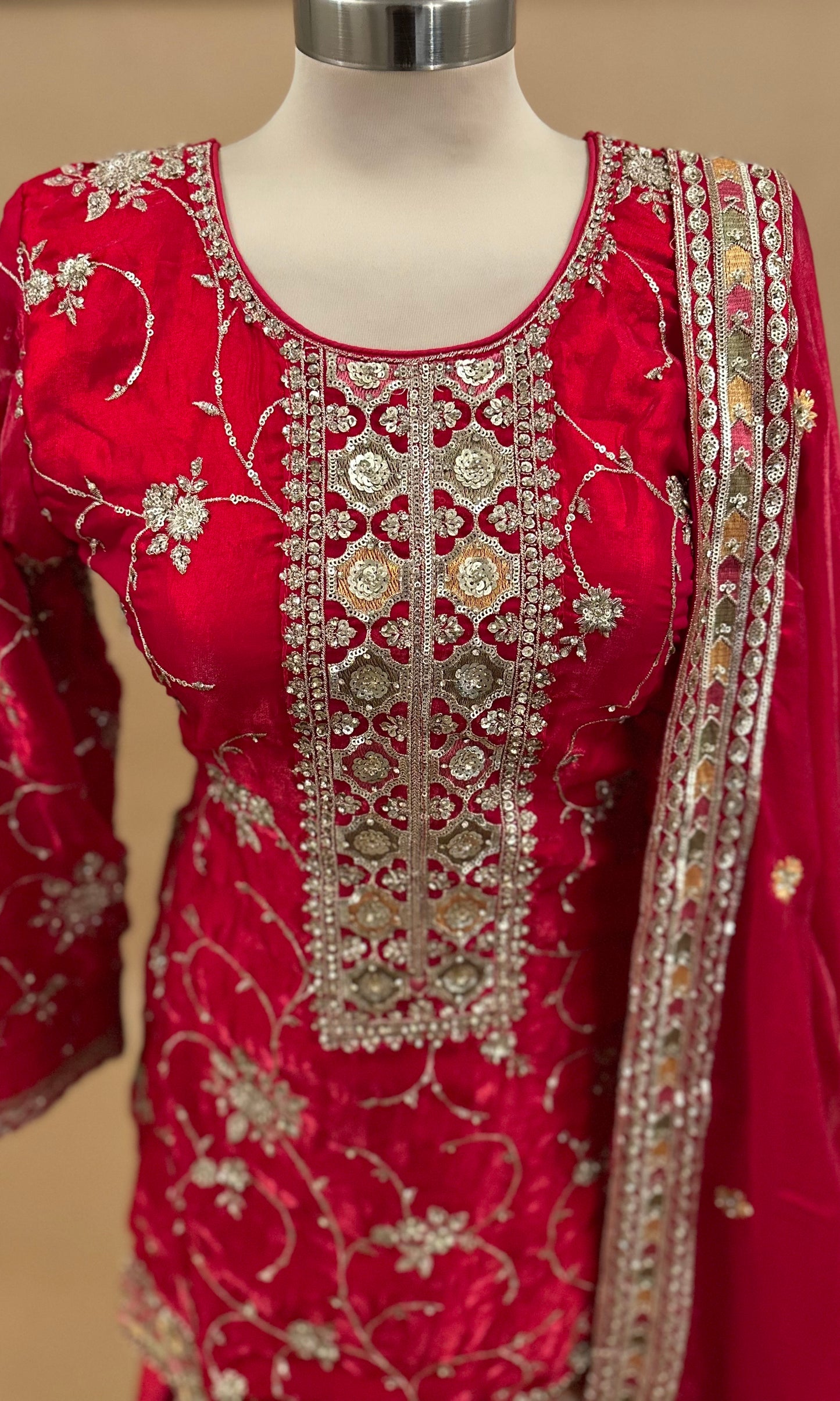 Stone Work Embroiderey Red Color Party Wear Farshi Salwar Suit With Dupatta