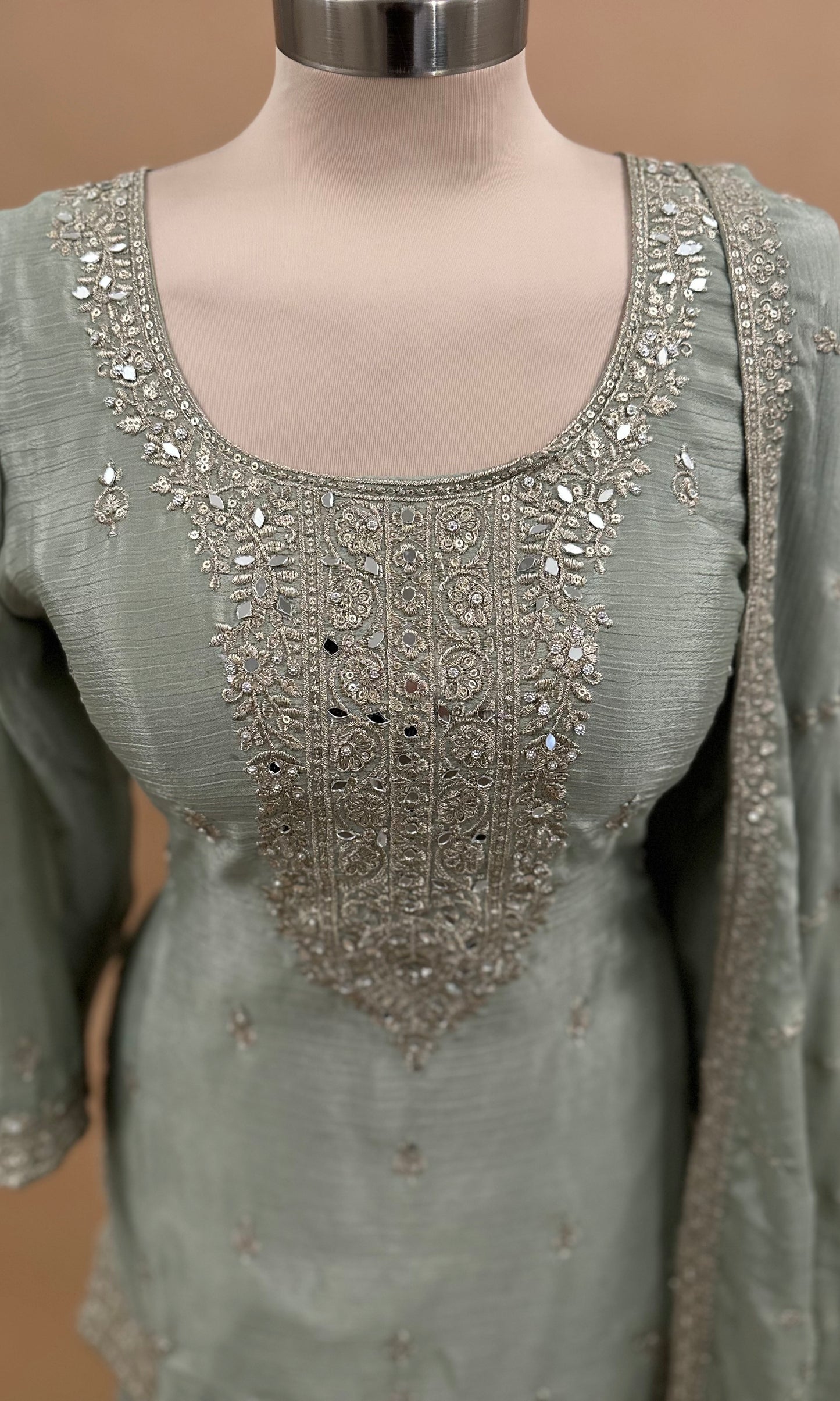 Mirror Work Embroiderey Green Color Chinon Fabric Palazzo Suit With Dupatta