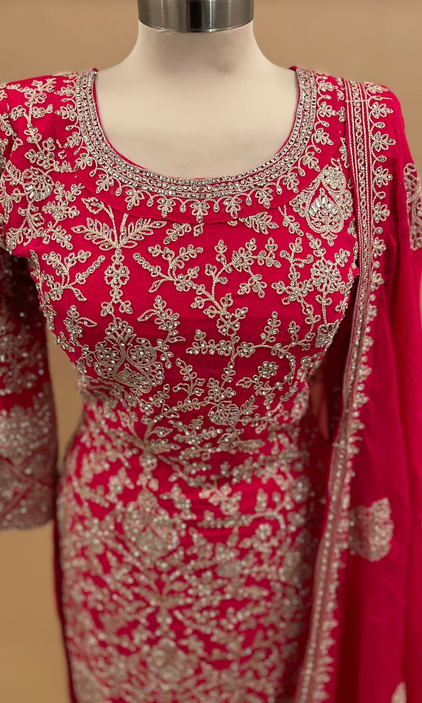 Long Kameez Pinkish Red Color Party Wear Heavy Suit With Pants On Bottom