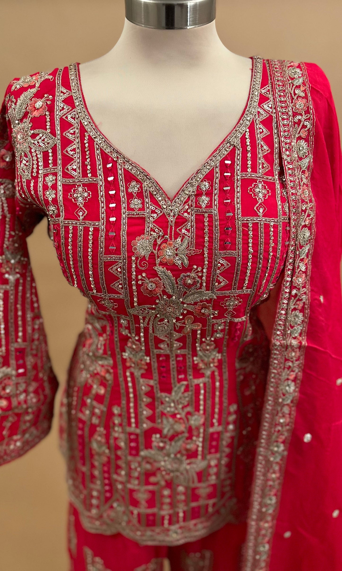 Pinkish Red Color Stone Work Embroiderey Sharara Suit With Dupatta