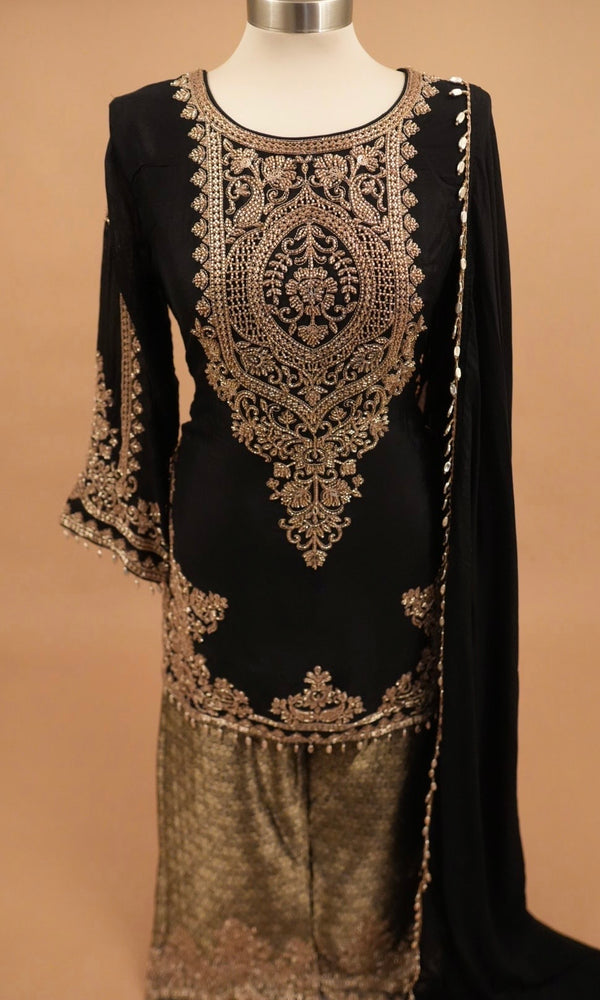 Beads Work Embroiderey Black Color Palazzo Pant Suit