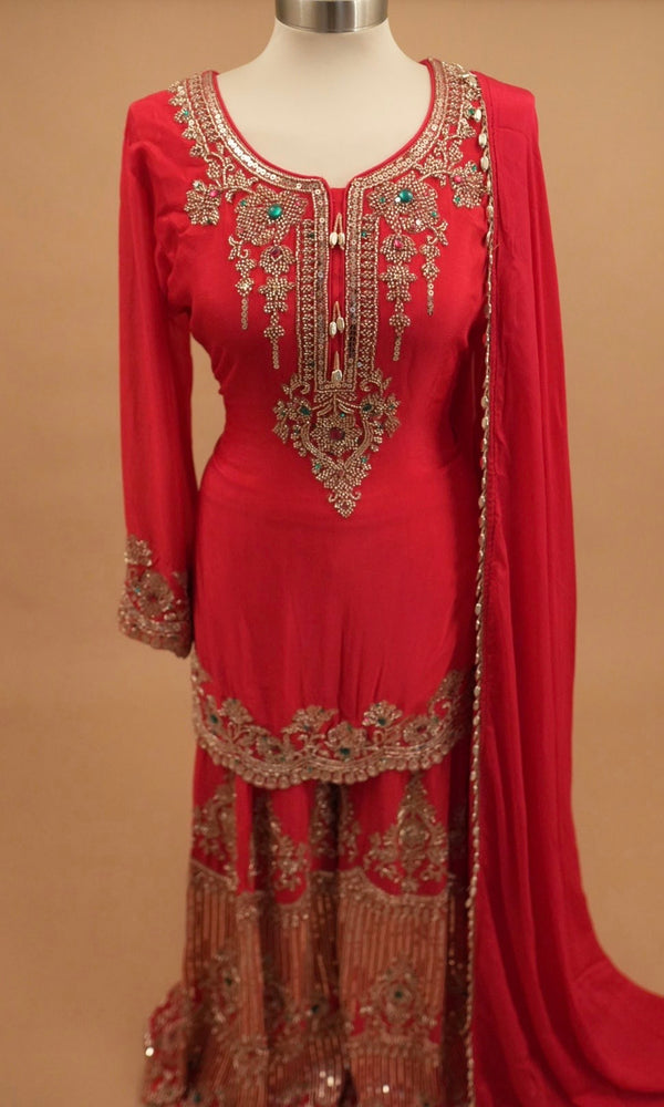 Beads Work Embroiderey Dasheen Fabric Palazzo Pant Suit Pinkish Red Color