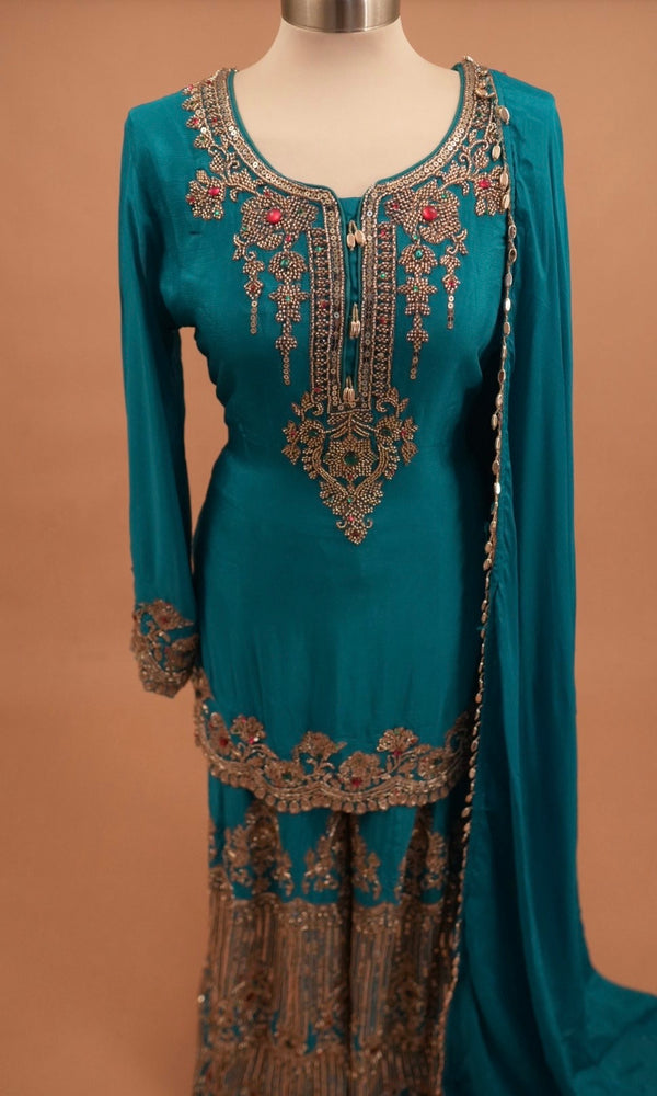 Beads Work Embroiderey Dasheen Fabric Palazzo Pant Suit Turquoise Blue Color