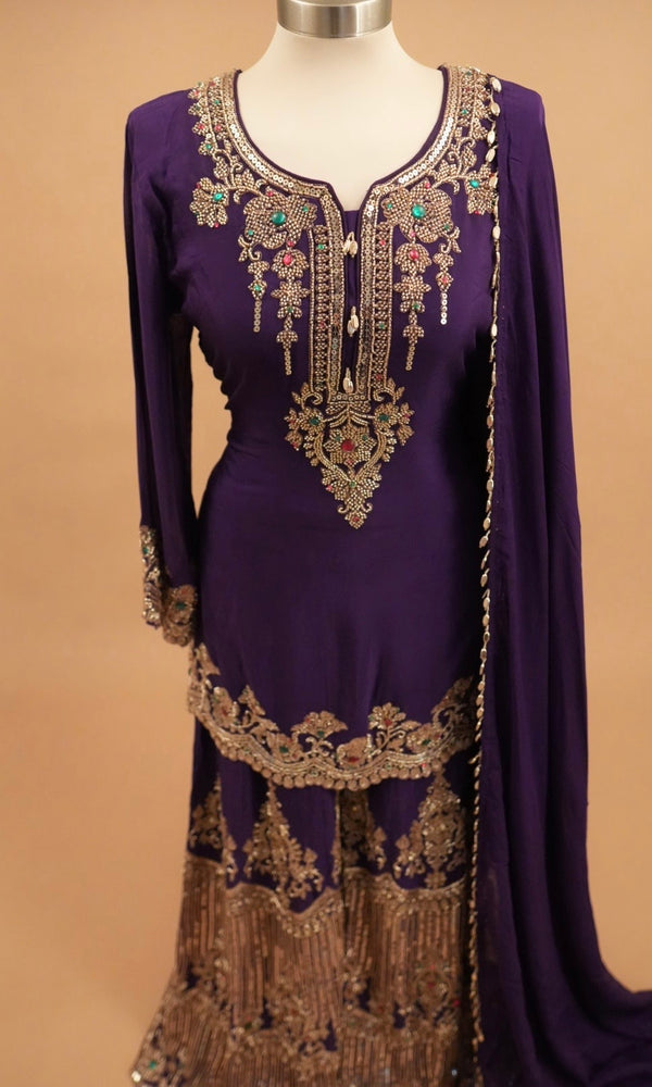Beads Work Embroiderey Dasheen Fabric Palazzo Pant Suit Dark Purple Color