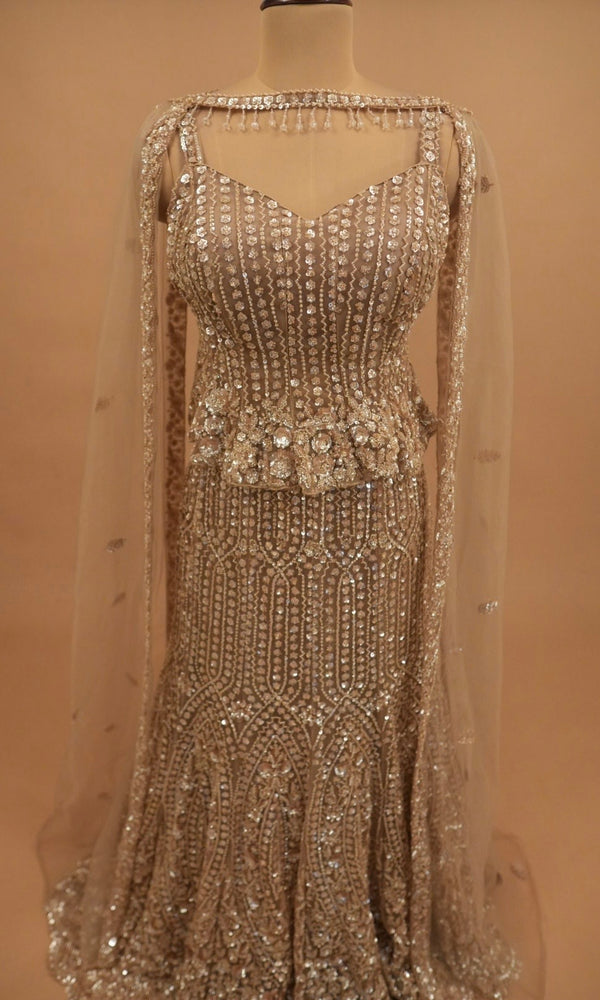 Beads Work Embroiderey Champagne Color Mermaid Style Lehenga Choli Set
