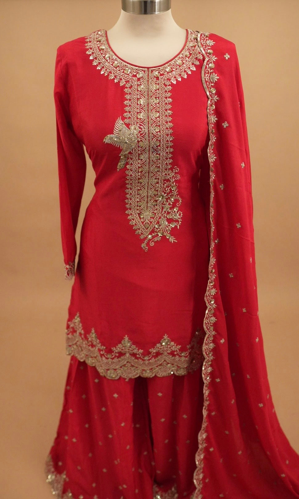 Pinkish Red Color Chinon Fabric Sequin Work Embroiderey Palazzo Suit With Dupatta