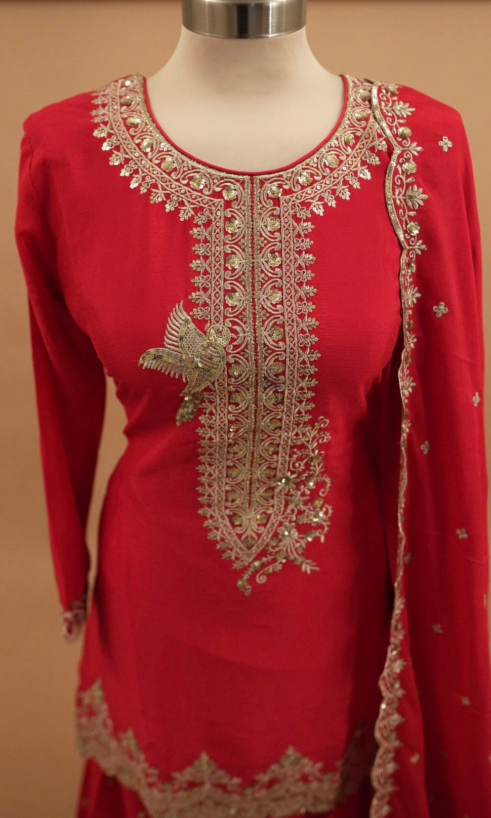 Pinkish Red Color Chinon Fabric Sequin Work Embroiderey Palazzo Suit With Dupatta