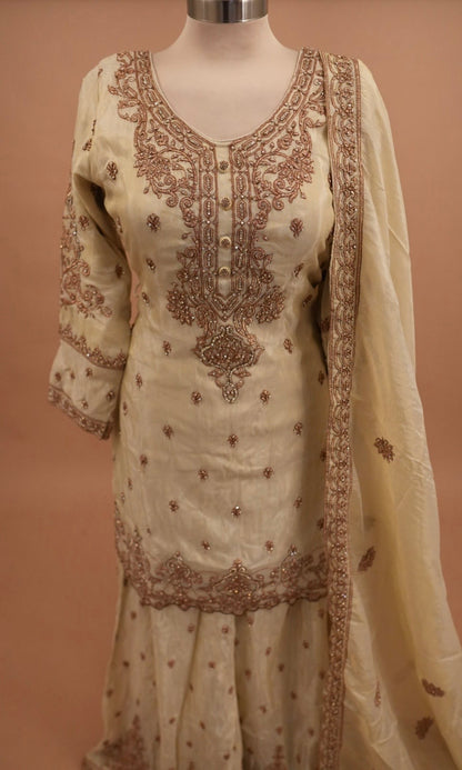 Light Champagne Color Stone Work Embroiderey Palazzo Suit With Dupatta