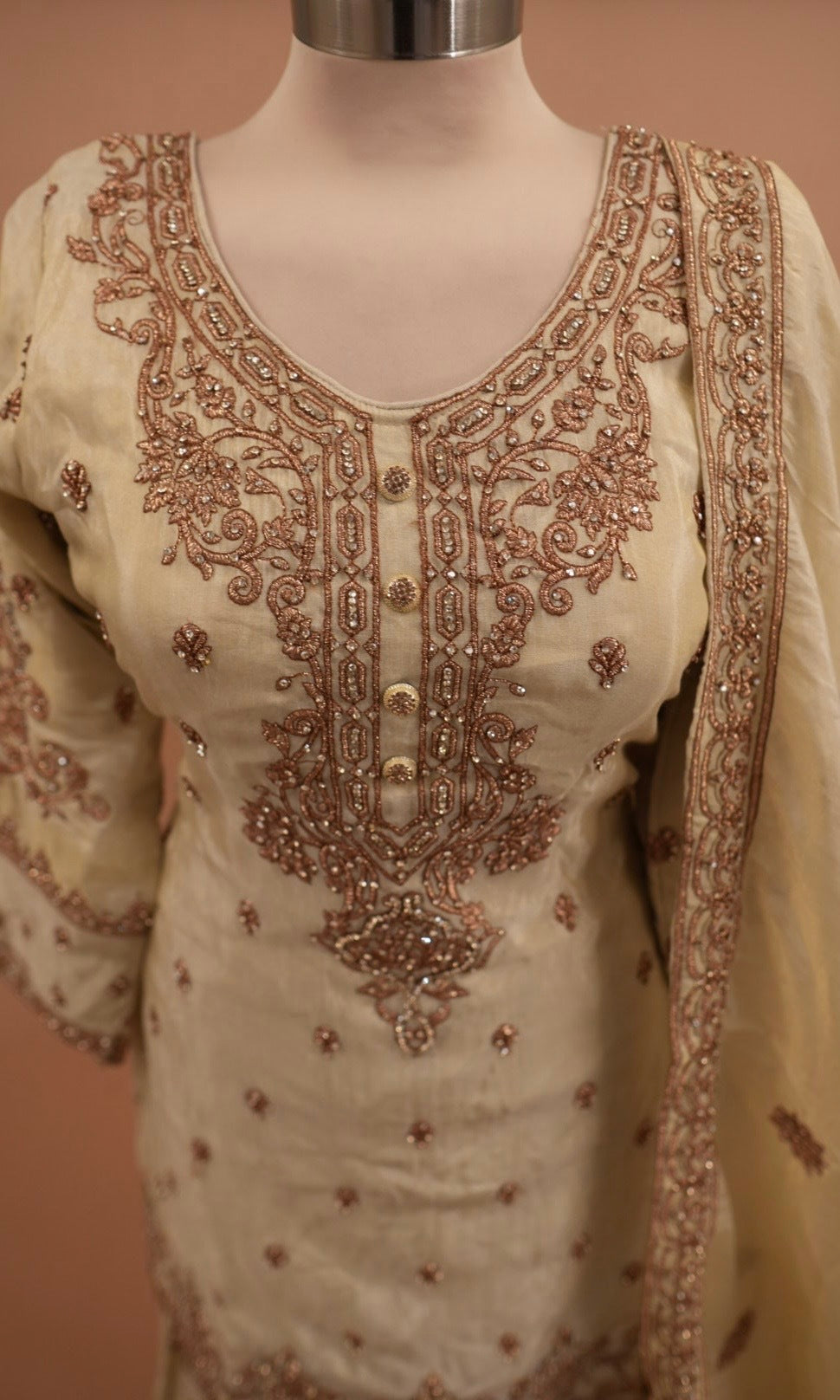 Light Champagne Color Stone Work Embroiderey Palazzo Suit With Dupatta