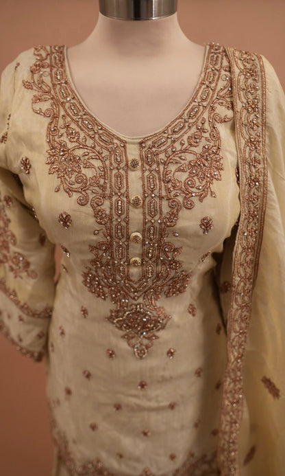 Light Champagne Color Stone Work Embroiderey Palazzo Suit With Dupatta