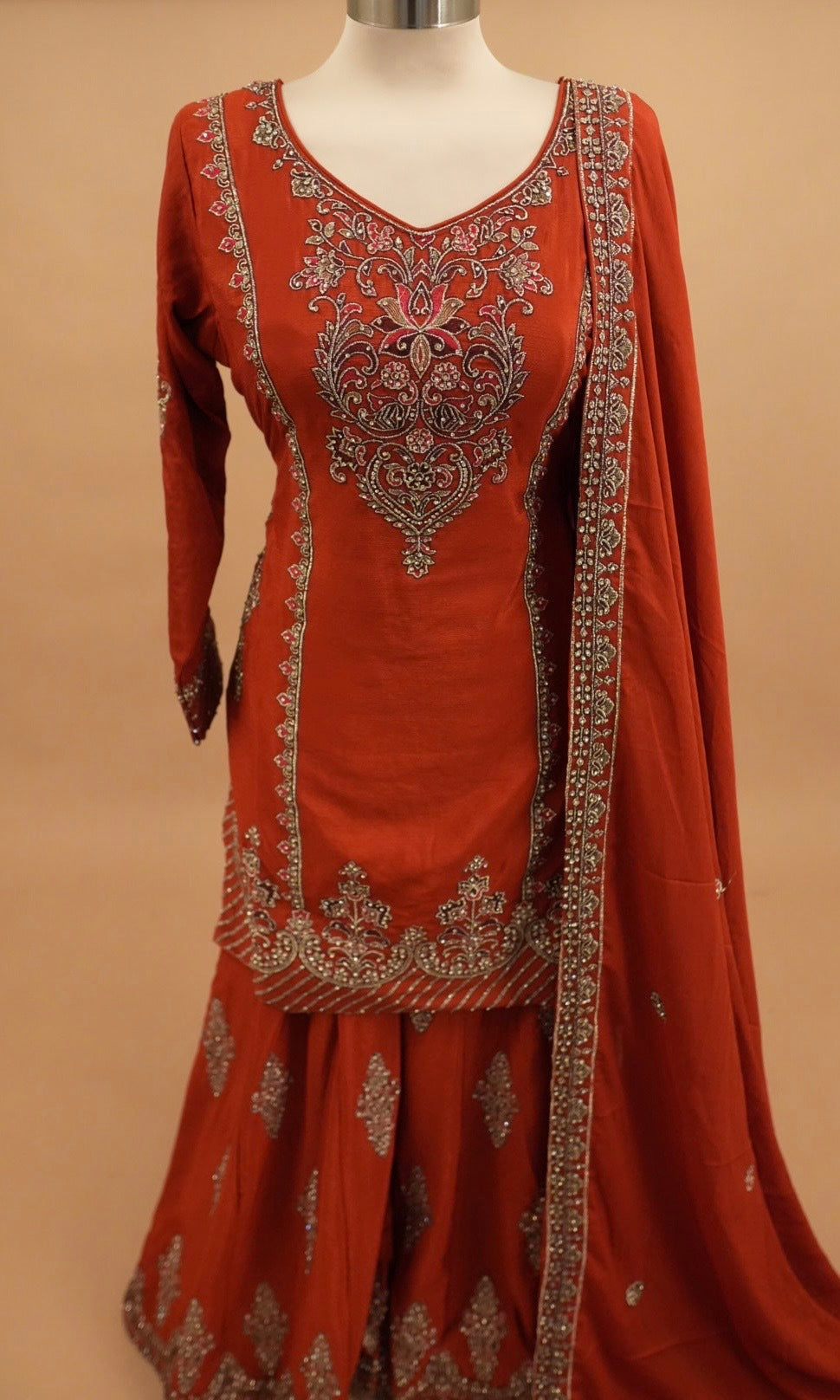 Heavy Stone Work Embroiderey Chinon Fabric Orange Color Palazzo Suit With Dupatta