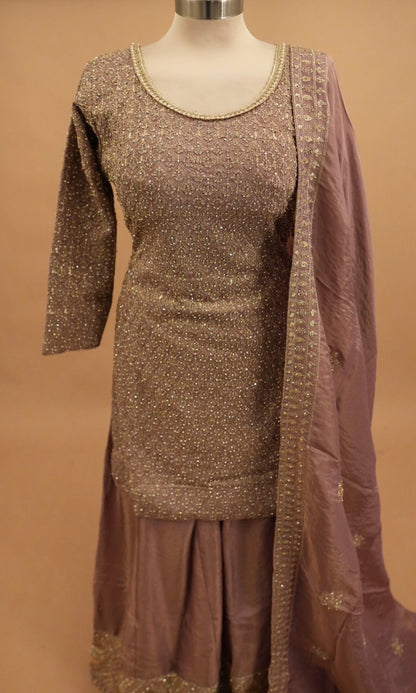 Mauve Color Heavy Stone Work Embroiderey Shimmer Fabric Palazzo Suit With Dupatta