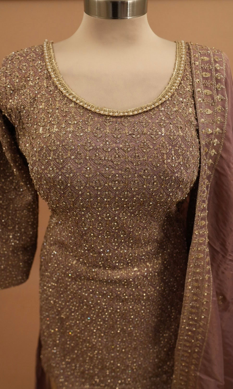 Mauve Color Heavy Stone Work Embroiderey Shimmer Fabric Palazzo Suit With Dupatta