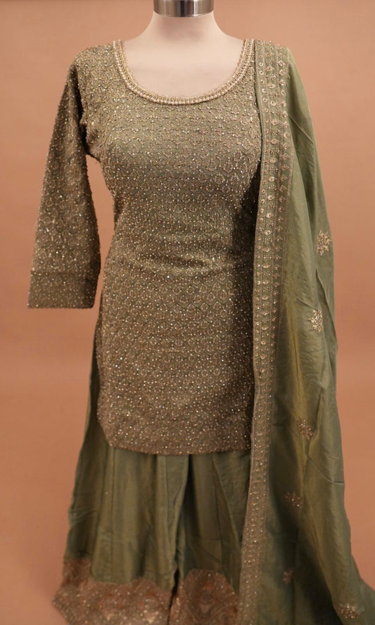 Heavy Stone Work Embroiderey Shimmer Fabric Green Color Palazzo Suit With Dupatta
