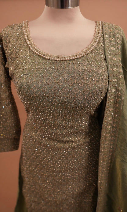 Heavy Stone Work Embroiderey Shimmer Fabric Green Color Palazzo Suit With Dupatta