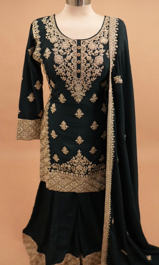 Stone Work Embroiderey Palazzo Suit Dark Green Color With Dupatta