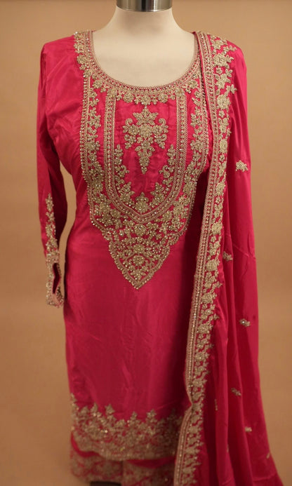 Long Kameez Party Wear Suit Magenta Color With Pants On Bottom
