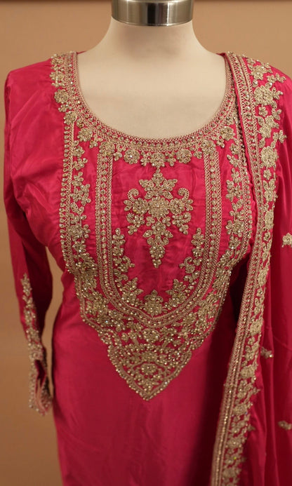 Long Kameez Party Wear Suit Magenta Color With Pants On Bottom
