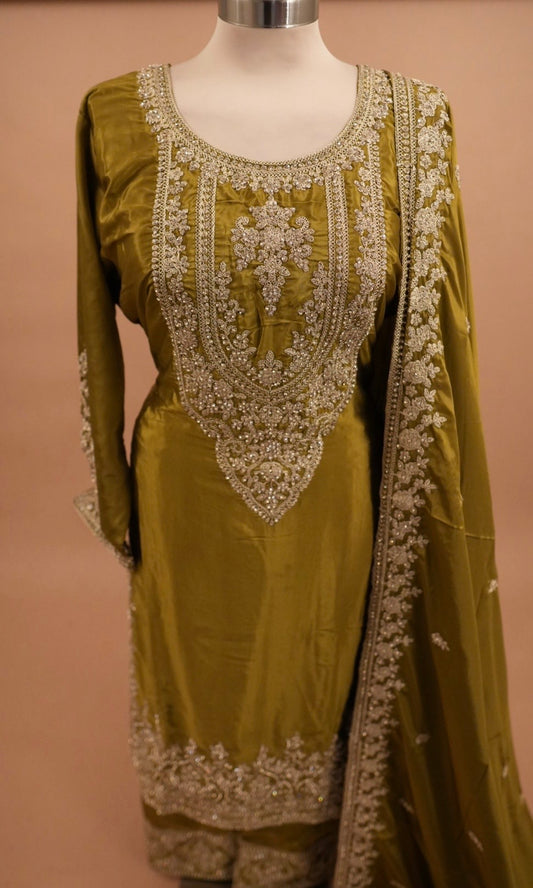 Mehndi Green Color Party Wear Long Kameez Suit With Pants On Bottom