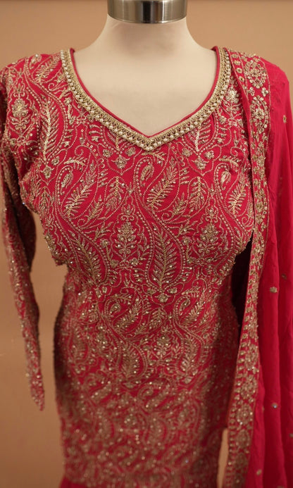 Magenta Color Stone And Sequin Work Embroiderey Palazzo Suit With Dupatta
