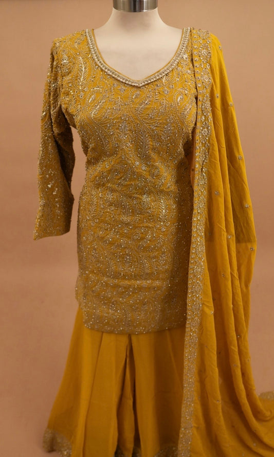 Stone And Sequin Work Embroiderey Yellow Color Palazzo Suit With Dupatta