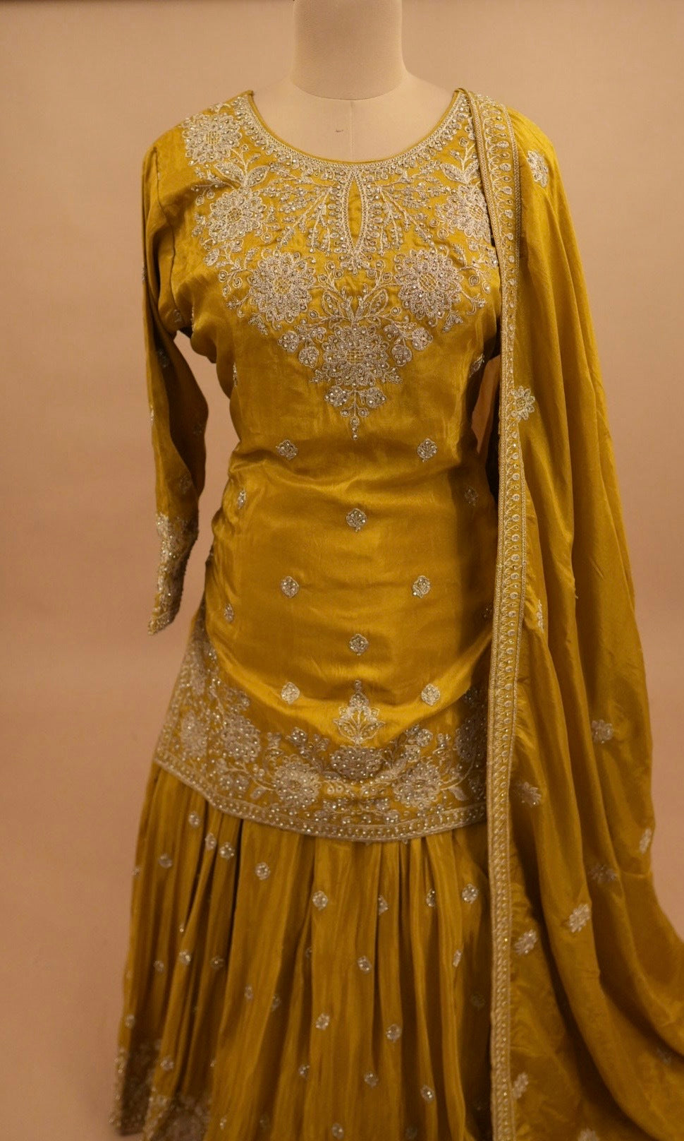Stone Work Embroiderey Dress Yellow Color With Skirt On Bottom