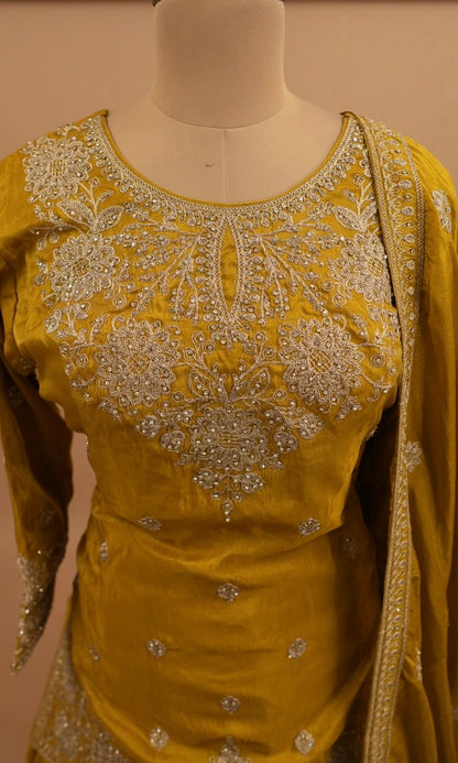 Stone Work Embroiderey Dress Yellow Color With Skirt On Bottom